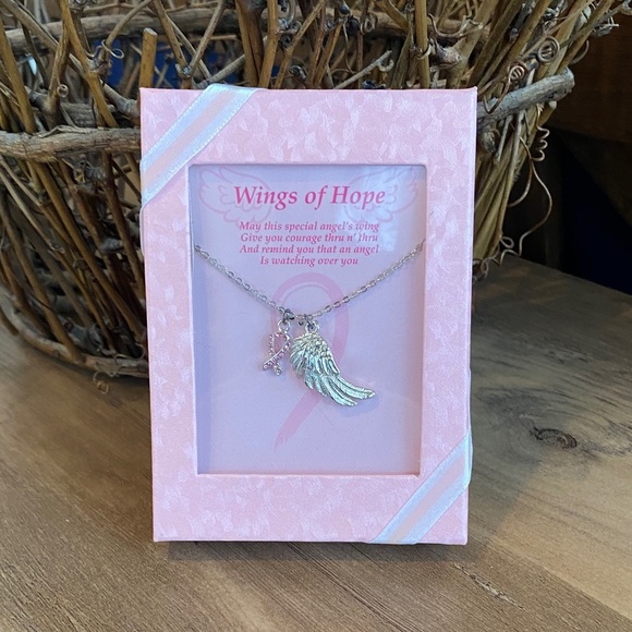 Jewelry - Silver tone Angel Wing and Pink Ribbon Necklace